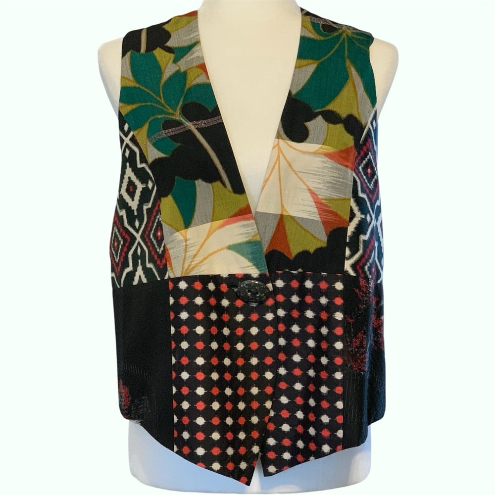 Yasuko 100% Kimono Silk V-Neck Single-Button Patchwork Floral Vest ~ Women's S/M